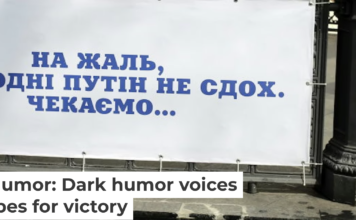 A banner reading, ‘Regrettably, Putin did not die today. We are waiting …’ hangs in the City Garden of Odesa, Ukraine, on April 1, 2023. Viacheslav Onyshchenko/Global Images Ukraine via Getty Images News